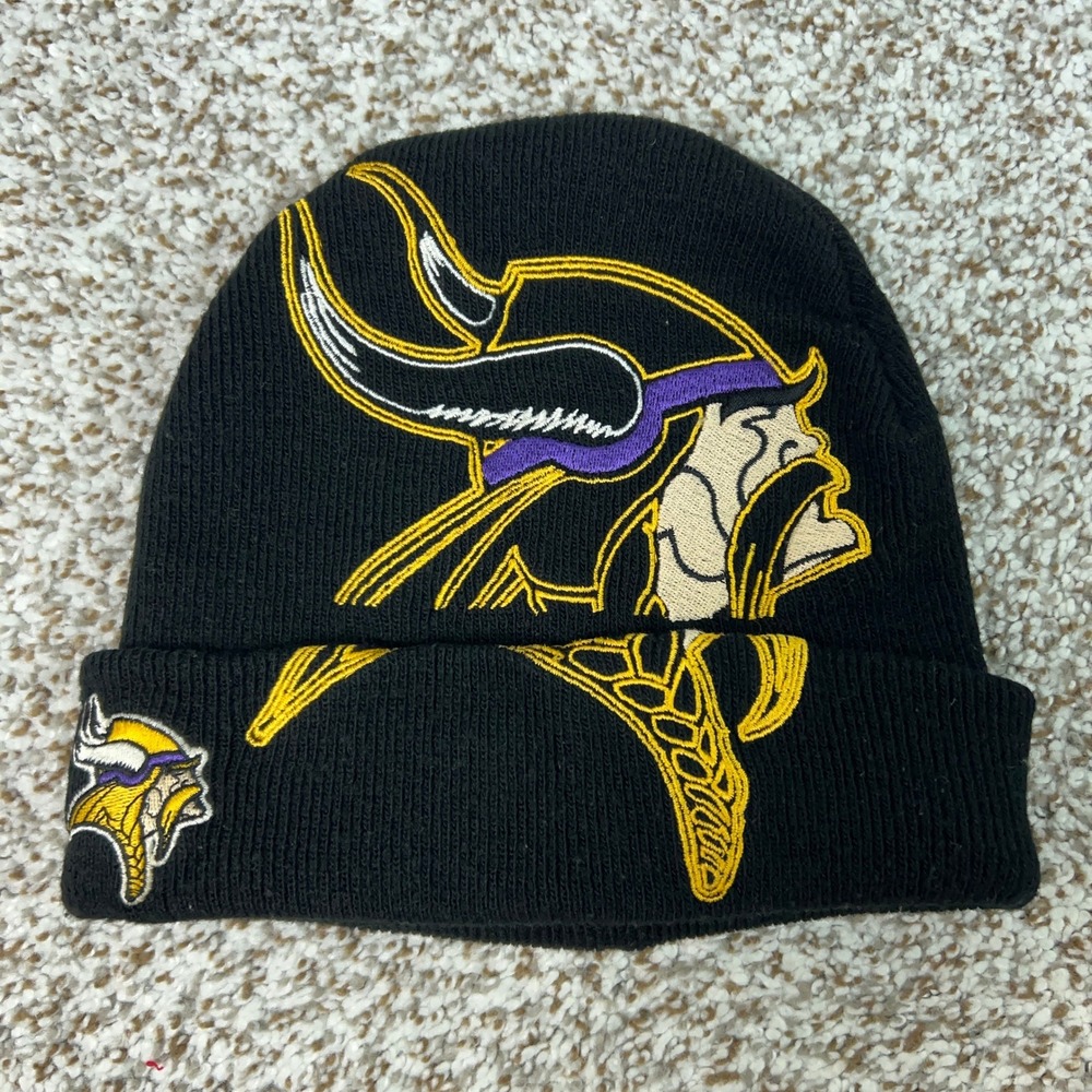 Minnesota Vikings Hat Mens One Size Black Football NFL Beanie Knit Big Logo Cap